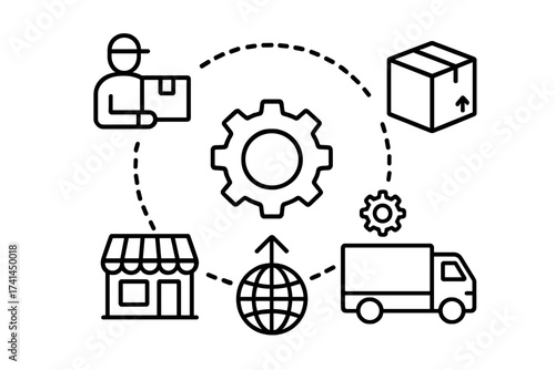 Logistics mechanism and supply chain concept. E-commerce distribution, delivery service, and global shipping. Transport and market process with connected vector line icons.