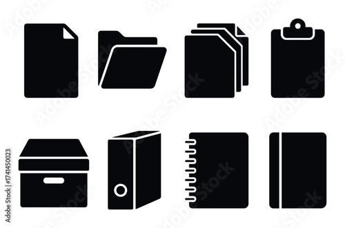Dark silhouette icons of office supplies: files, folders, documents, and notebooks