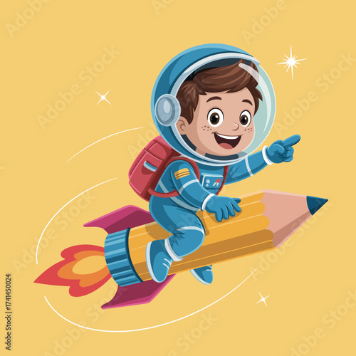 An enthusiastic child dressed as an astronaut gleefully rides a colorful pencil rocket, symbolizing creativity and imagination in a cosmic adventure.