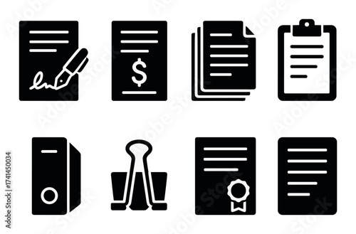 Business documents and office supplies icons: contract, invoice, clipboard, binder