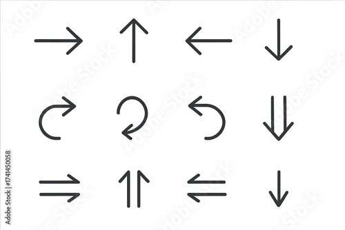 Arrow icon set. Linear navigation and direction symbols. UI UX elements for web and mobile app design. Vector signs collection for interface. Pointers, refresh, download.