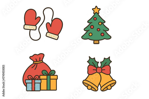 Christmas icon set vector illustration. Winter holiday symbols. Xmas tree, Santa gift sack, presents, golden bells with bow and red mittens for seasonal greeting design.