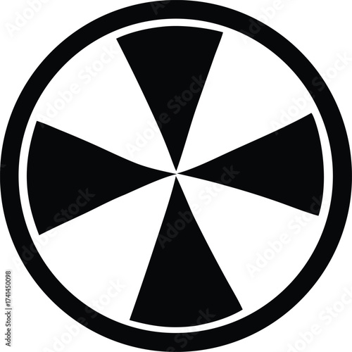 Striking black and white circular emblem with four pointed segments and outer ring modern abstract symbol