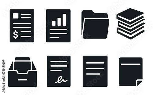 Set of office document icons including chart, folder, stack, and signed paper