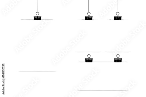 Poster mockup vector design with blank hanging paper clips, office clipboards, paper gallery set layout, white background, transparent vector illustration, clean minimalist workspace concept