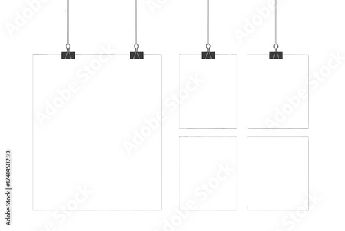 Blank paper poster mockup set hanging on office clips, vector illustration of gallery display with white background, transparent vector paper sheets, modern studio design