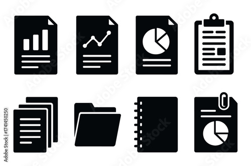 Set of document and chart icons for data analysis and organization