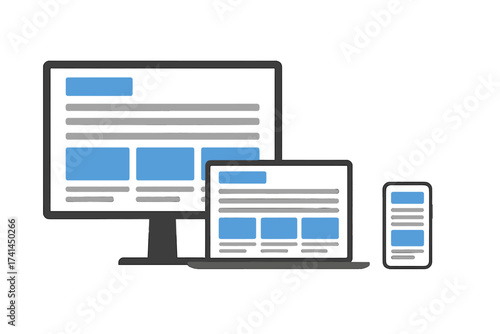 Responsive web design concept with adaptive user interface on laptop, tablet, monitor, and smartphone. Modern digital devices displaying website templates in vector illustration.