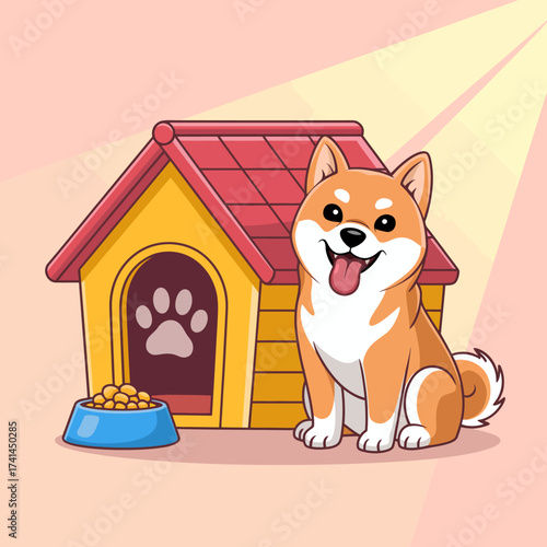 This charming image features a Shiba Inu sitting outside its cozy doghouse, radiating happiness and comfort, symbolizing loyalty and the joy of companionship.