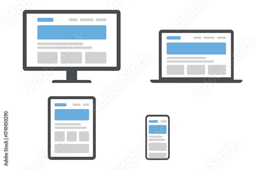 Responsive web design and adaptive user interface vector illustration showing digital devices laptop, tablet, monitor, smartphone with website template concept for modern multi-screen layout