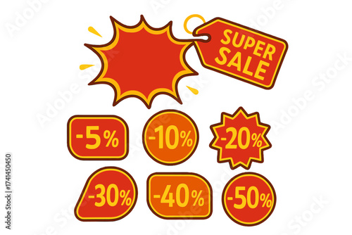Super Sale Discount Symbols Vector Set with 5%, 10%, 20%, 30%, 40%, 50% Off Shopping Labels, Special Offer Tags, Sale Promotion Badges, Bright Red and Orange Discounts