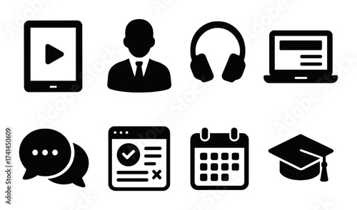 Education and technology icons including tablet, headphones, calendar, and graduation cap
