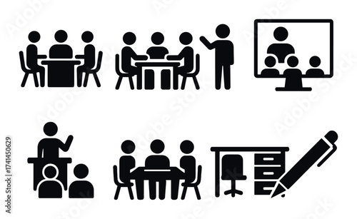 Business meeting and teleconference icons on dark background