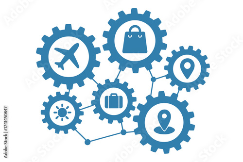 Travel mechanism concept with interconnected gears and flat icons of airplane, luggage, shopping bag, location pins, and sun. Abstract interactive vector illustration for tourism and logistics.