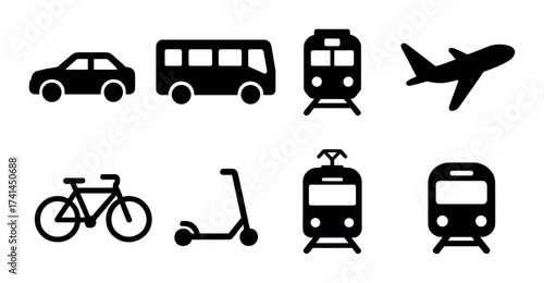 Variety of transportation icons: car, bus, train, airplane, bicycle, scooter