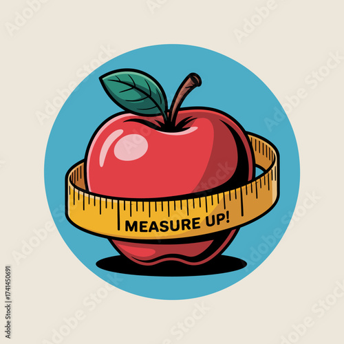 This eye-catching image features a shiny red apple tightly wrapped with a measuring tape, symbolizing health, nutrition, and the importance of a balanced lifestyle.