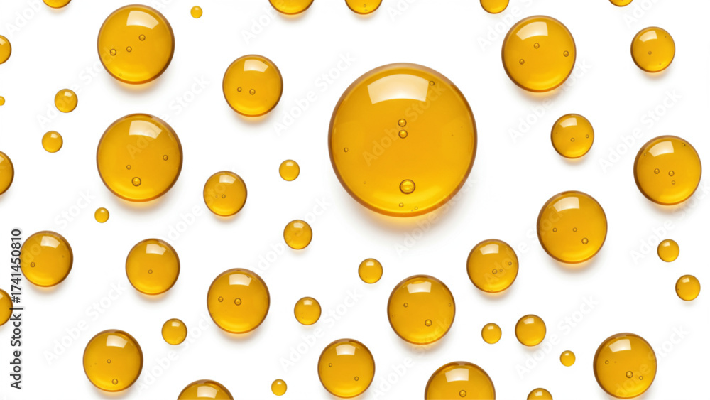 Fototapeta premium Golden translucent liquid drops, like oil or serum, on white, for beauty product ads, health packaging, cosmetic branding, or scientific visuals.