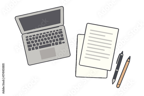 Writer workplace vector illustration isolated on blue background, flat cartoon top view of paper sheets with text, pen and pencil on working table, creative writing desktop