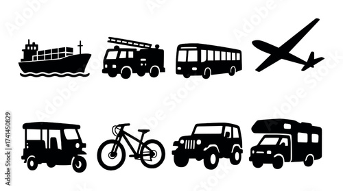 Silhouette icons of various transport vehicles