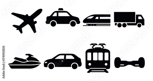 Silhouette icons of various transport modes including airplane, train, car, and hoverboard