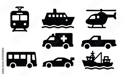 Silhouettes of various transportation modes on olive green background