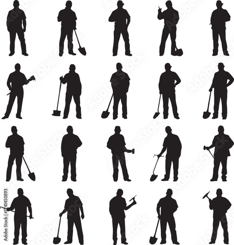 Collection of Silhouettes of Men Holding Various Tools and Poses origin this