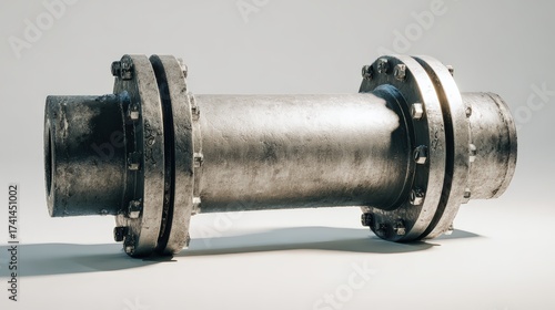 Industrial pipe fitting with flanged edges displayed on neutral background