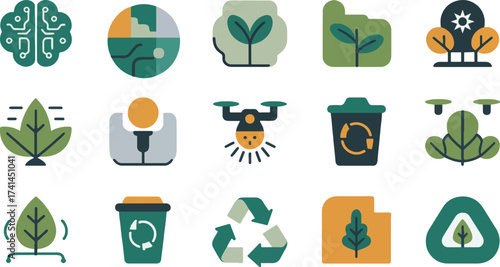 Future Green Office Icons – Regenerative Design, Smart Bin, Eco Robot – Next-Gen Sustainable Workspace