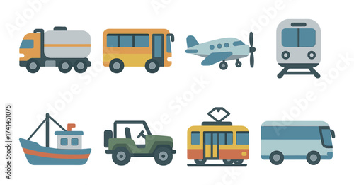 Various transport icons including bus, train, plane, boat, and truck