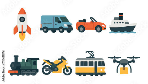 Set of colorful vehicle icons: rocket, van, car, ship, train, motorcycle, tram, drone
