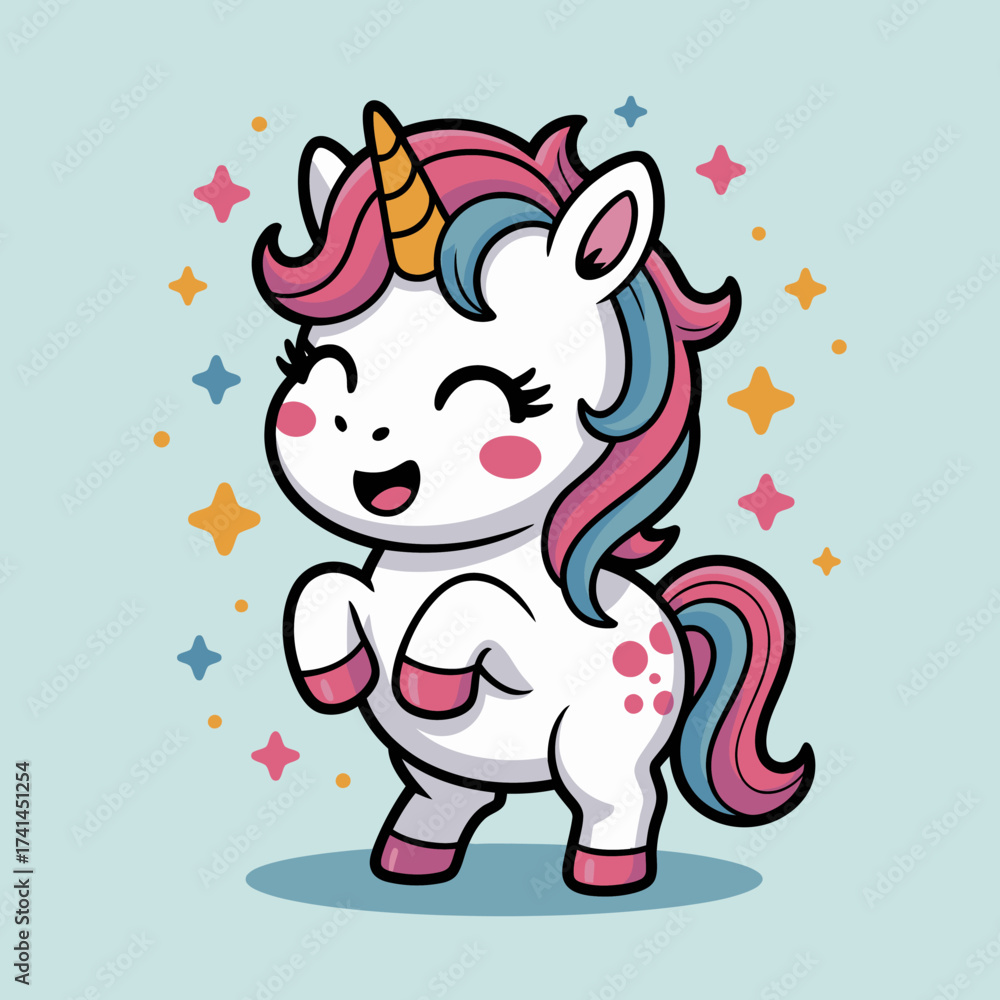 Fototapeta premium A charming unicorn prances joyfully, surrounded by sparkling stars, representing fantasy, joy, and the enchanting world of mythical creatures in a vibrant art style.