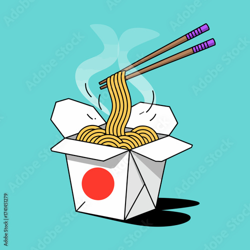A stylish image of steaming noodles being lifted from a takeout box with chopsticks, representing Asian cuisine and the enjoyment of delicious meals on the go.