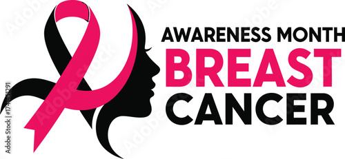 Pink ribbon and woman's profile unite for breast cancer awareness month support and hope campaign vector