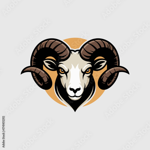 This striking ram features bold, curved horns and an intense expression, showcasing strength and determination in a powerful logo-style illustration.