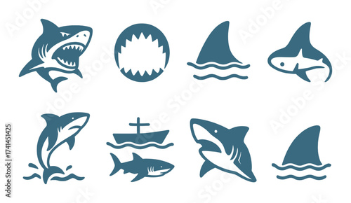 Collection of blue shark icons and silhouettes featuring marine themes