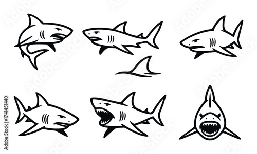 Set of black shark silhouette icons on dark background