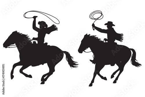 Cowboy riding horse black silhouettes set. Cowboy, cowgirl galloping with lasso. Western traditional elements collection. Vector Black silhouettes. with white background