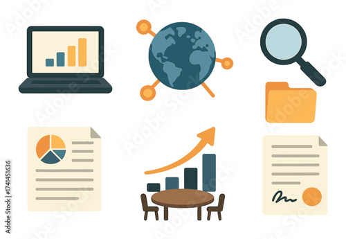 Digital analytics and data visualization icons in technology interface