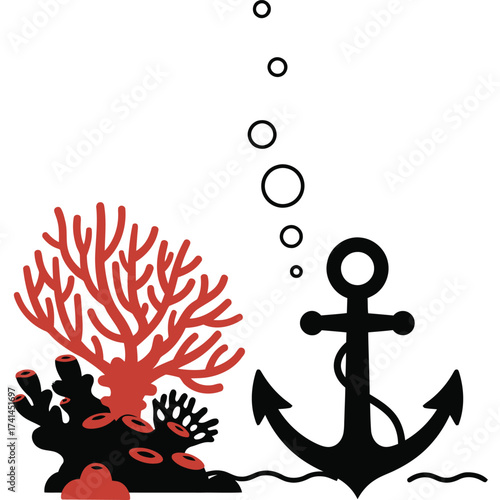 Anchor and Coral Reef Illustration sea ocean underwater marine vector graphic design symbol nautical maritime nature life aquatic