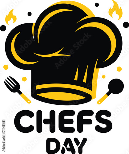 Celebration of chefs day with toque hat flaming flames fork spoon and culinary tools festive design vector