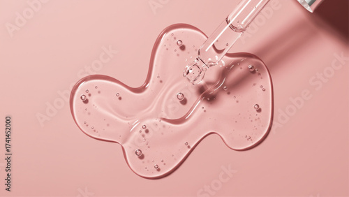 Clear, viscous cosmetic serum with air bubbles and a glass dropper on a light pink background, ideal for beauty ads, skincare websites, and product br
