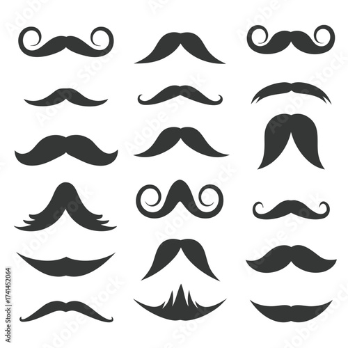 Collection of black mustache icons in various styles on white background facial hair