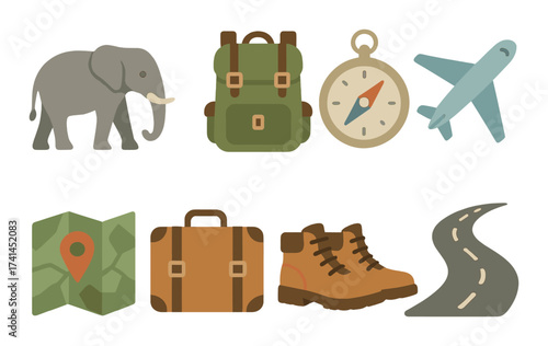 Adventure icons set with elephant, map, compass, and travel gear