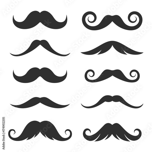 Collection of eight dark gray mustache icons on white background facial hair