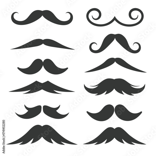 Collection of ten dark grey mustache shapes on white background mustaches facial