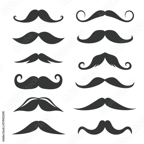 Collection of twelve dark grey mustache icons with varied shapes and styles on a white background moustaches
