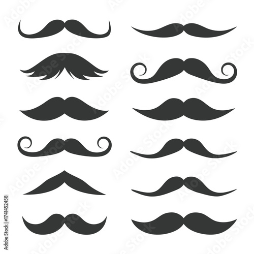 Collection of twelve diverse black mustache silhouettes on white background moustaches facial