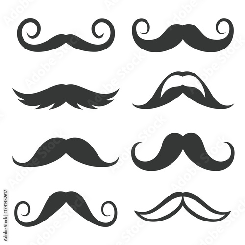 Eight dark grey mustache silhouettes with varied styles on a white background facial hair
