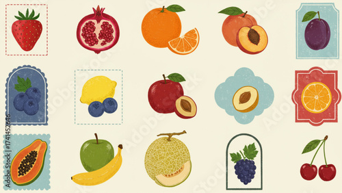 Decorative vintage fruit illustrations: strawberries, oranges, and more in textured frames. Perfect for healthy food packaging, recipe blogs, and mark