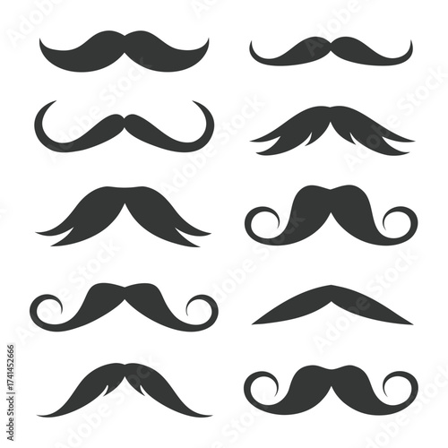 Ten Dark Gray Mustache Silhouettes Various Styles on White Background facial hair